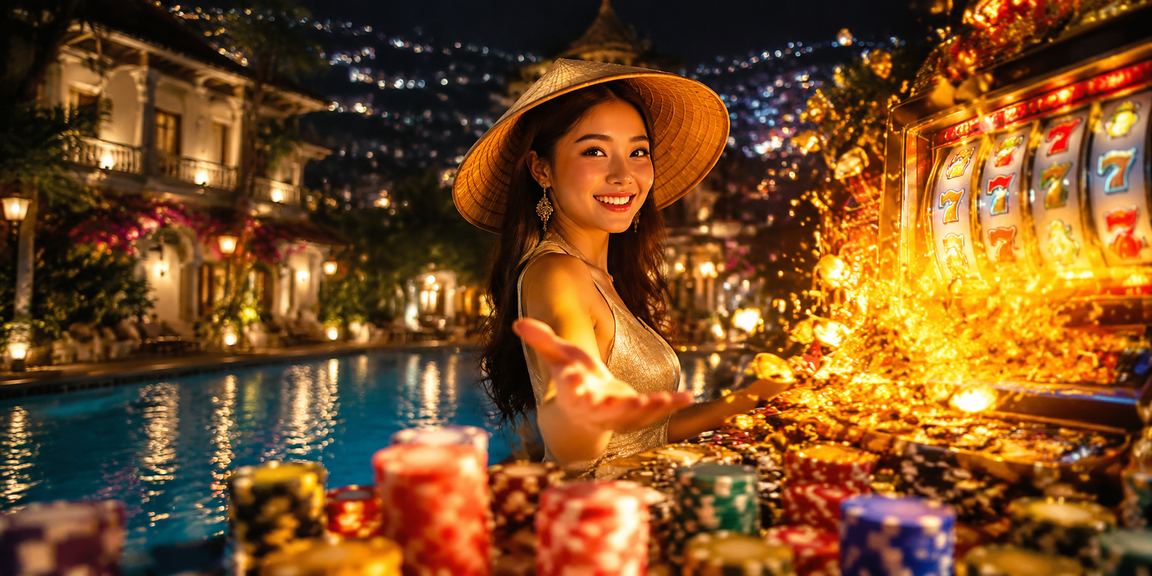 Phụ nữ đội nón lá ngồi chơi slot game trên điện thoại tại quán cà phê Đà Lạt buổi chiều mưa