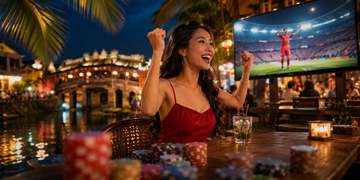 Người dùng tại Hội An xem kèo bóng đá và đặt cược trực tuyến trong quán cà phê buổi sáng