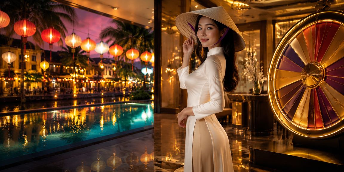 Cảnh chơi roulette với hình ảnh nón lá Huế, mang đậm bản sắc văn hóa miền Trung Việt Nam